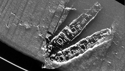 Sidescan image of another shipwreck, the Palmer & Crary in Stellwagen Bank National Marine Sanctuary (credit: NURTEC/SBNMS)